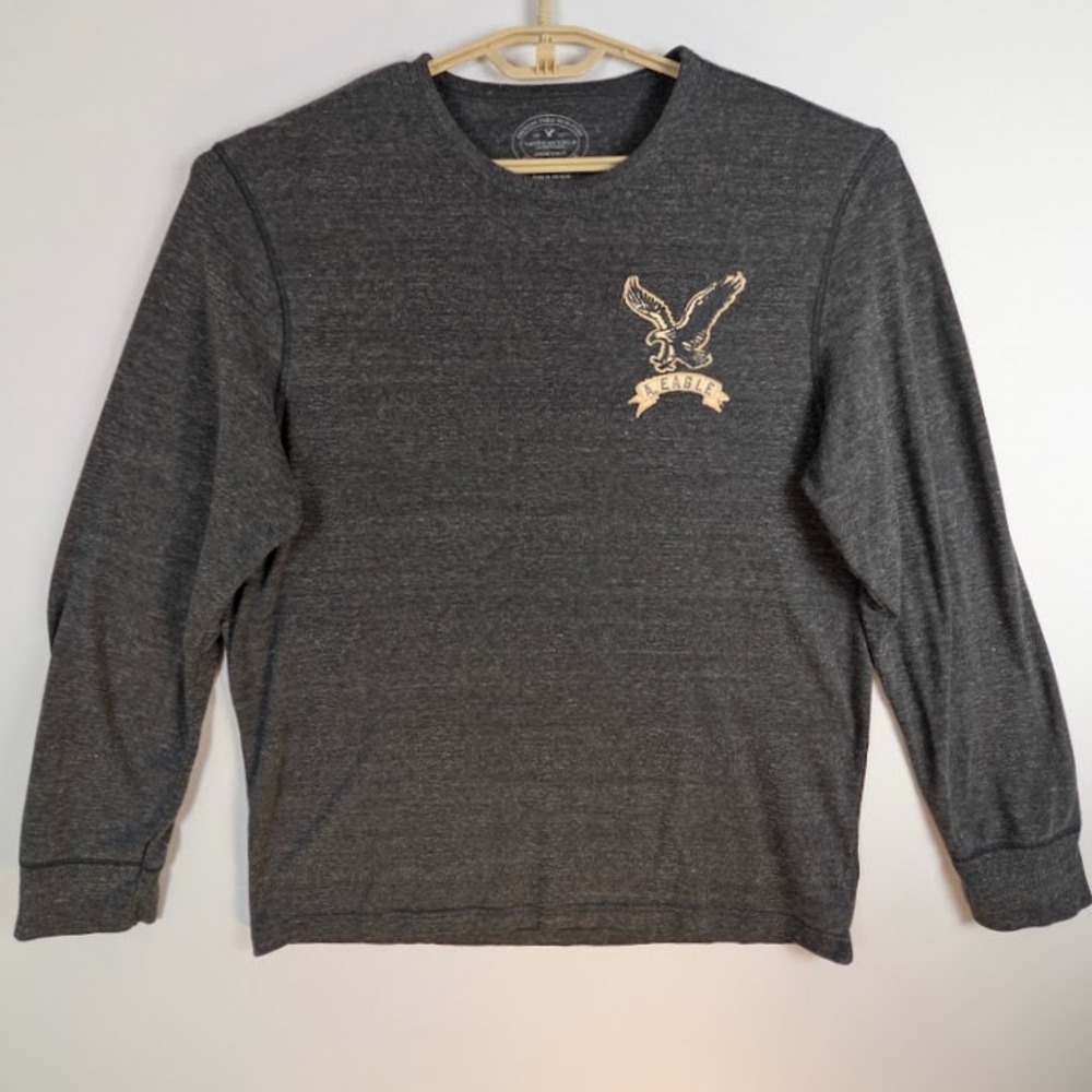 American Eagle Long Sleeve T-Shirt Mens XL Charcoal Gray Patch Logo‎